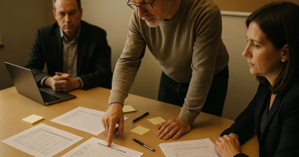 IT consultant reviewing printed asset inventory and role-access matrix at a conference table with managers.
