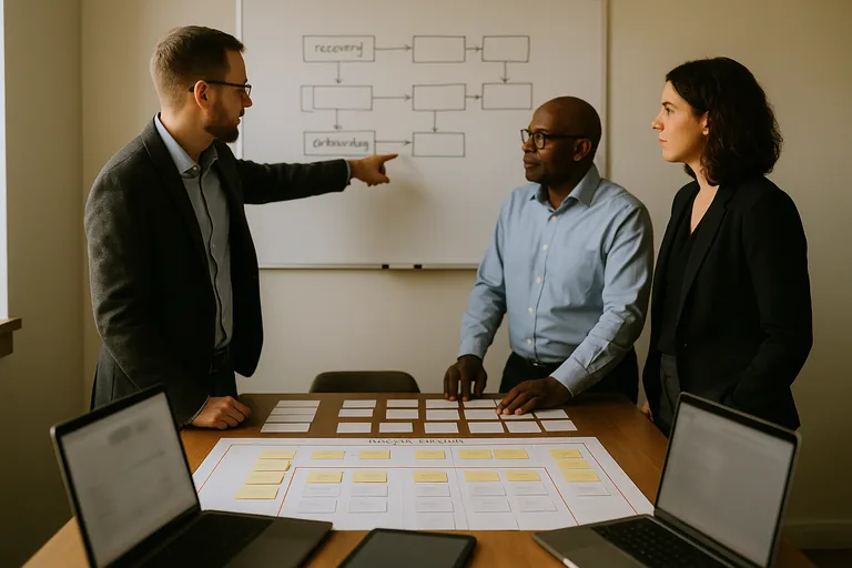 Small leadership team and IT advisor reviewing a printed growth roadmap and lifecycle workflow with sticky-note owners and a wall sketch of onboarding phases.