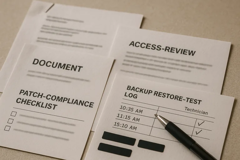 Close-up of printed access reviews, patch compliance checklist, and backup restore-test log with technician notes, all deliberately blurred for privacy.