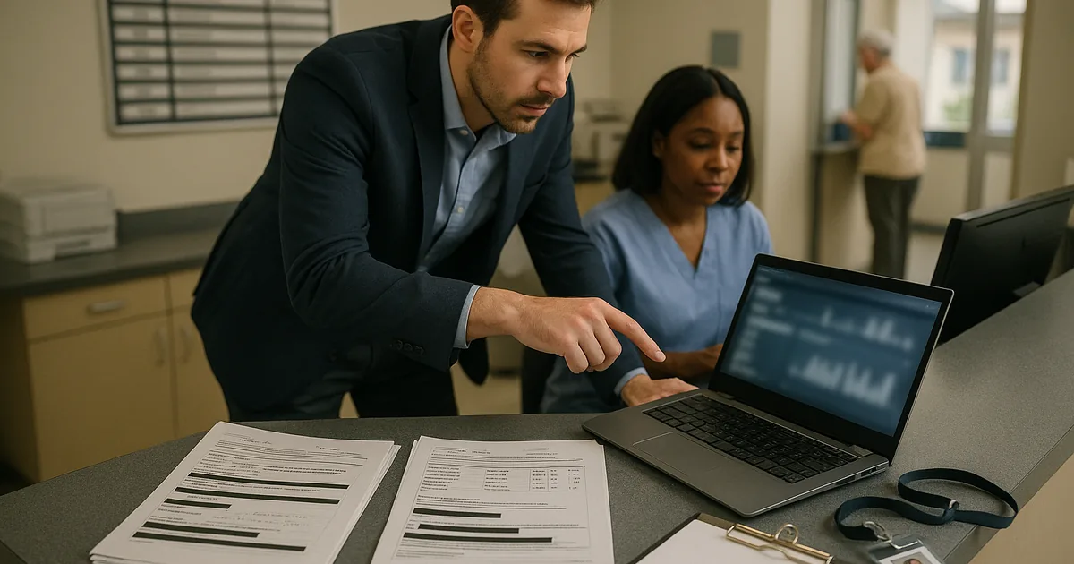 IT consultant at a clinic reception desk reviewing blurred monitoring screens and printed runbooks while staff continue patient check-in.