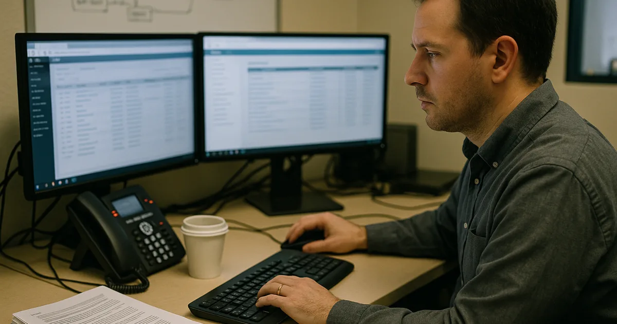 Help desk technician at a workstation reviewing a ticket queue and printed runbook in a small-business office.