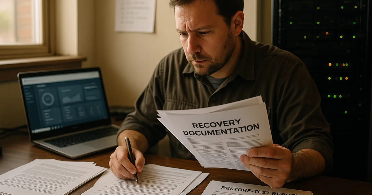 Technician reviewing printed recovery runbooks and restore-test records at an office desk with a server rack visible behind them.