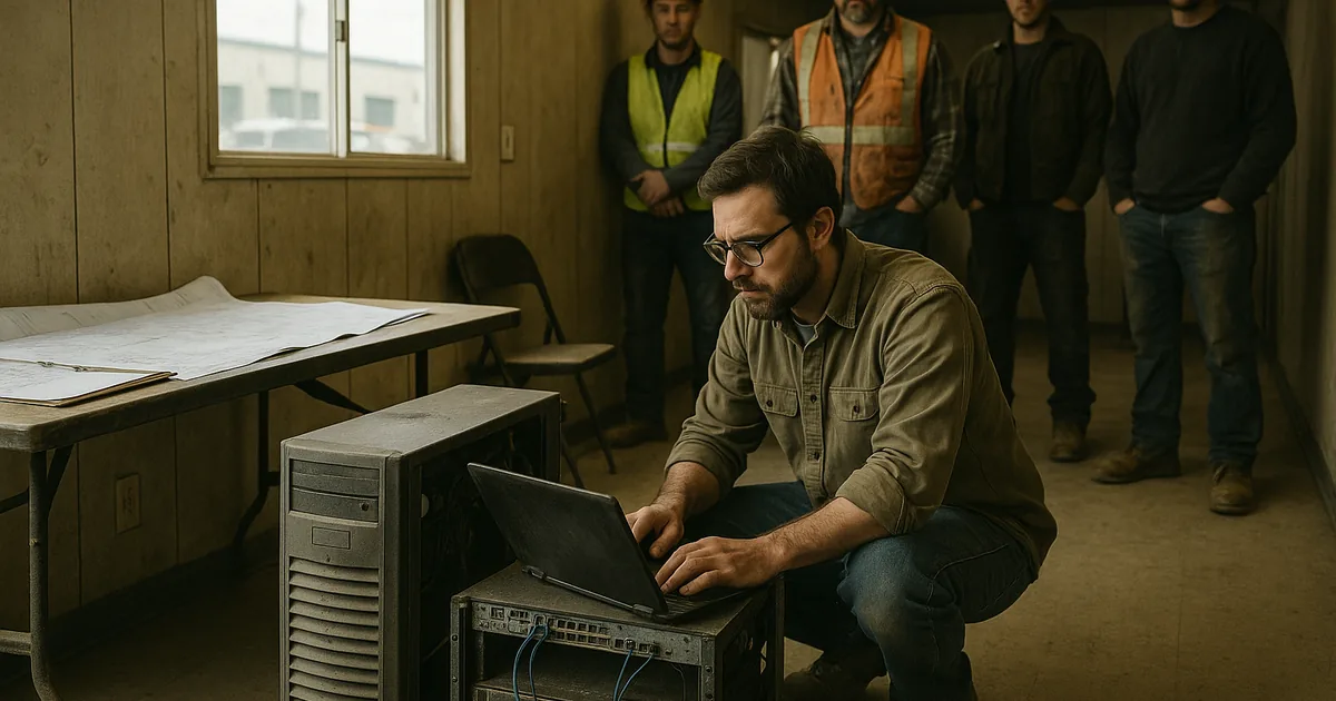 A technician diagnosing an aging on‑site server illustrates how legacy infrastructure can stop project work and lead to breaches.