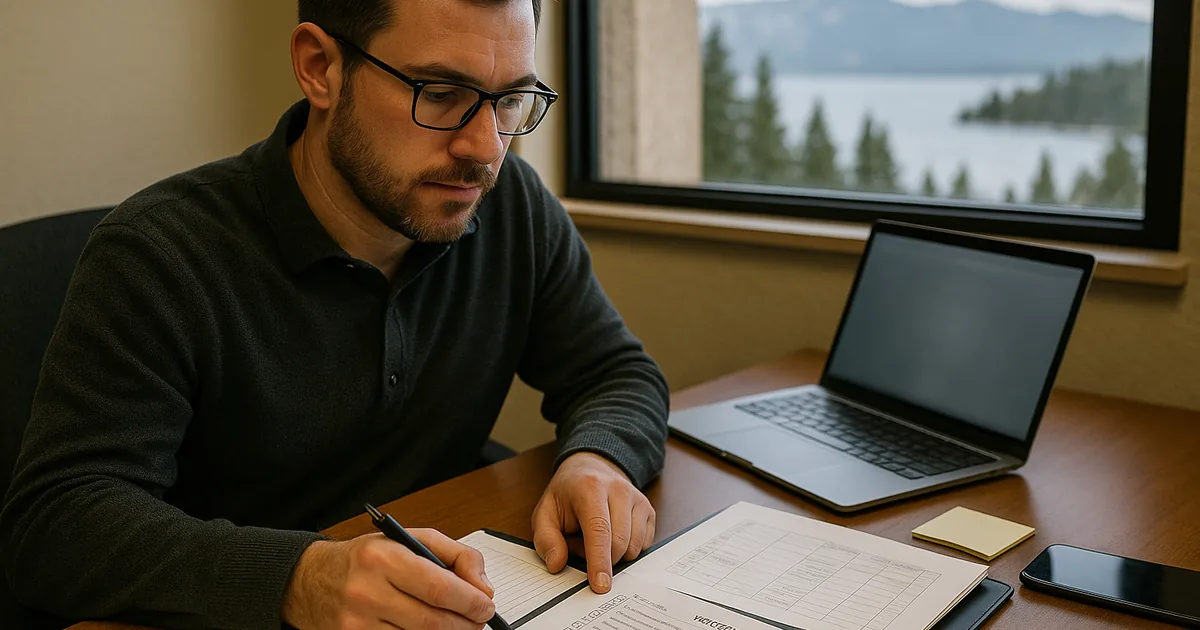 Consultant at an office desk reviewing printed runbooks and a restore-test checklist with a blurred laptop screen and a mountain-lake view in the background.