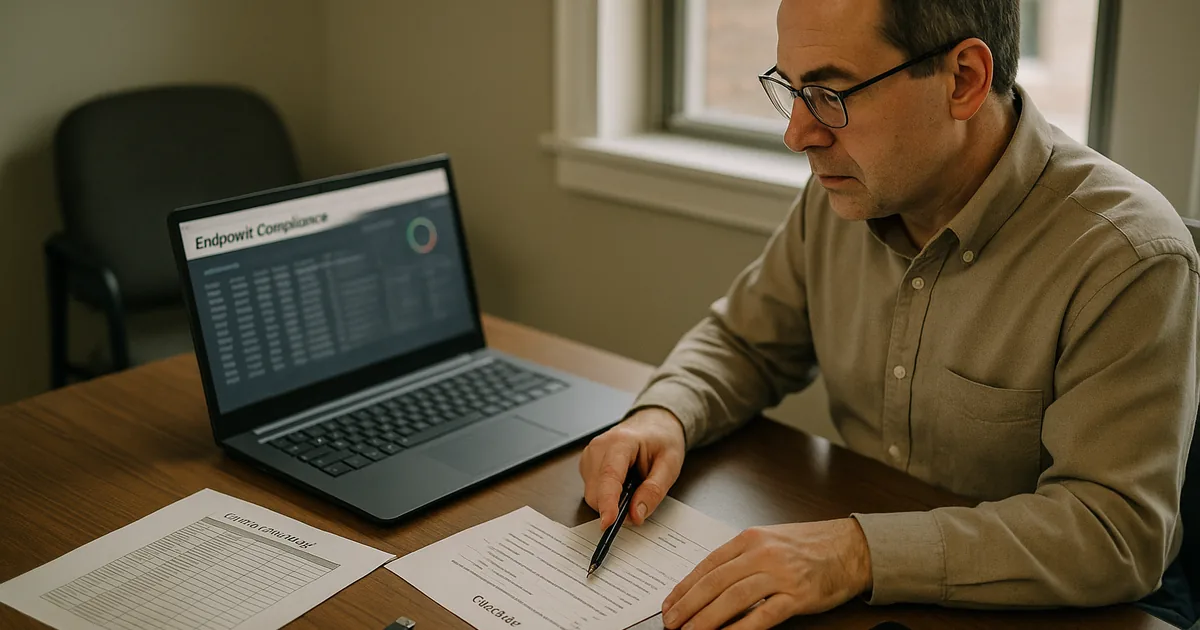 IT consultant at a desk reviewing a printed device inventory and a laptop with a blurred monitoring screen, with a runbook and USB recovery key visible.