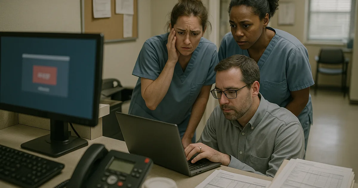 A hands-on response at the front desk shows how identity incidents immediately disrupt scheduling and require in-place recovery work.