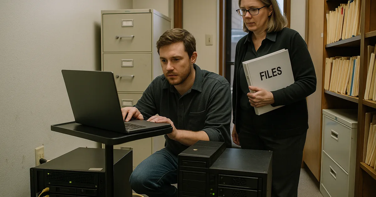 On-site triage of servers and backup hardware shows the real-world inspection that follows deferred lifecycle planning.