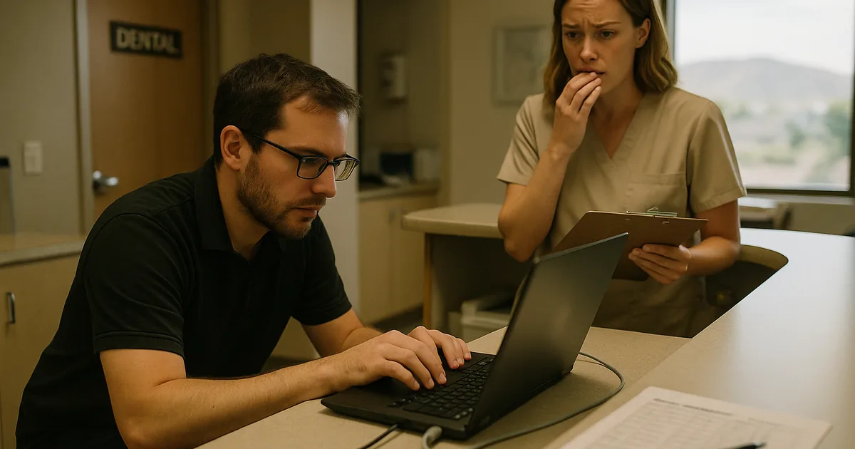 An on-site technician investigates sign-in failures at the front desk to restore patient flow and reduce downtime.