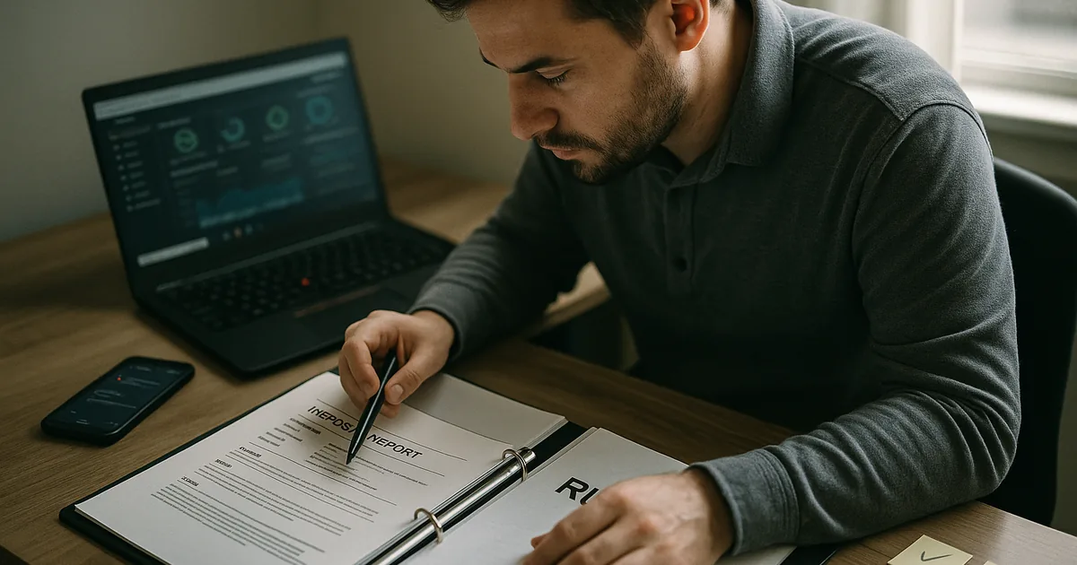 Consultant at a desk reviewing a printed incident report and runbook with a laptop showing a blurred security status, representing hands-on managed cybersecurity oversight.