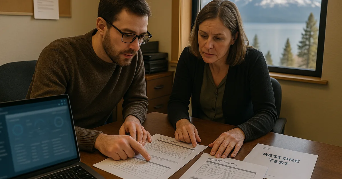 A consultant and office manager review printed incident-timeline and restore-test documents in a South Lake Tahoe office with a blurred lake view.