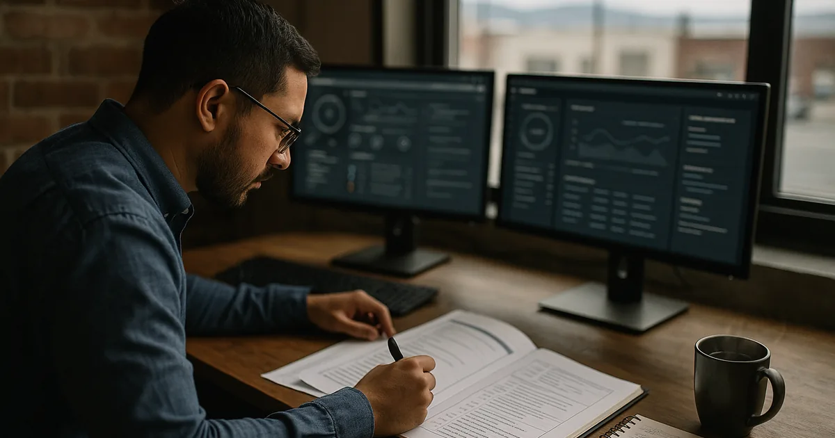 Engineer reviewing security dashboards and a printed runbook at a small-business workstation, with a blurred city/industrial view outside the window.