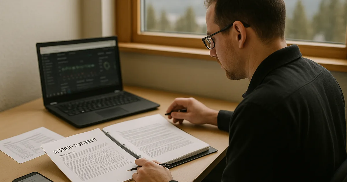 IT technician at a desk reviewing a printed restore-test report and runbook while a laptop shows a blurred monitoring screen.