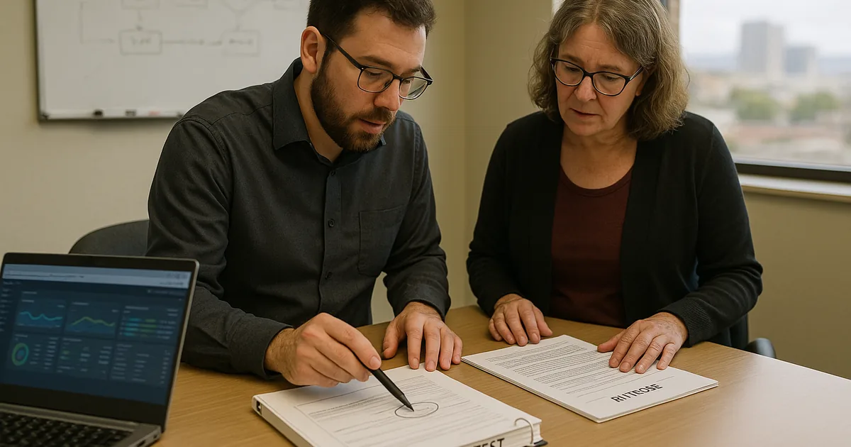 IT consultant and office manager reviewing a printed restore-test binder and runbook at a conference table with a blurred monitoring screen in a Reno office.