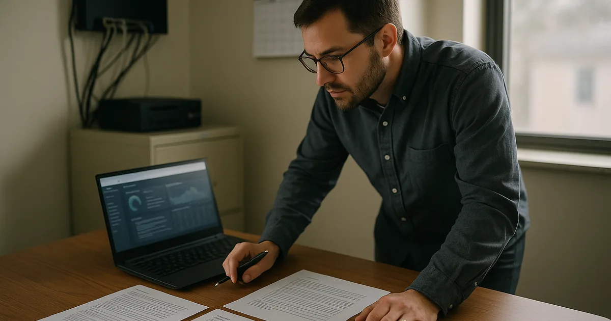 IT consultant reviewing runbooks and a blurred monitoring dashboard at a small Truckee office with network hardware visible.