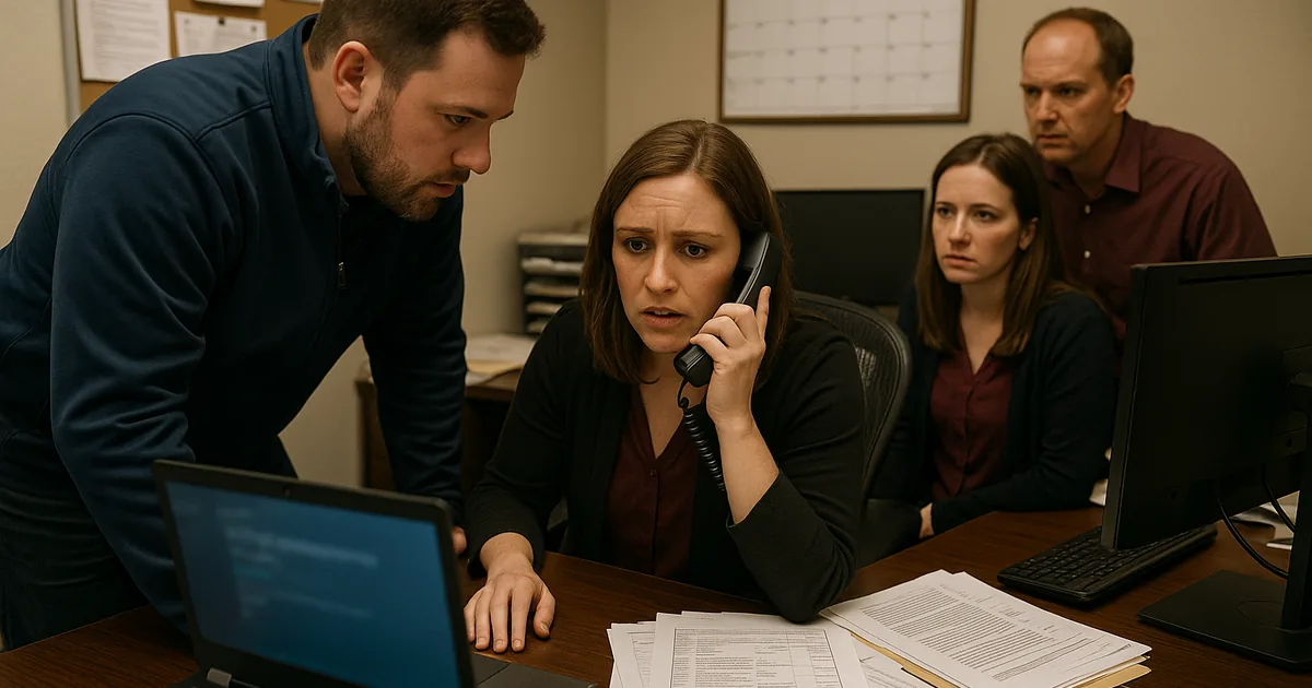 A local financial office responding to a suspected credential-driven outage while staff and an IT consultant triage access and backups.