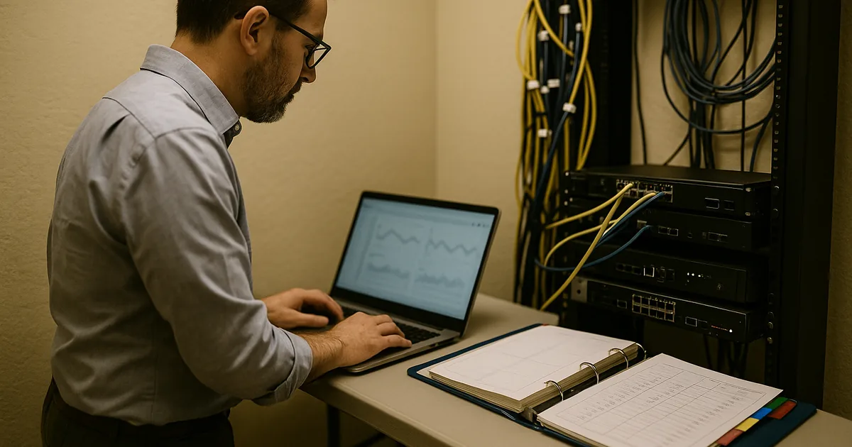 IT consultant reviewing a laptop, runbook binder and a printed restore-test sheet beside rack switches and a firewall in a small office IT closet.
