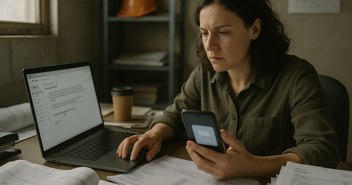 An office manager hesitates over a blurred login prompt while project documents and invoices sit on the desk, illustrating how one click can expose email and cloud accounts.