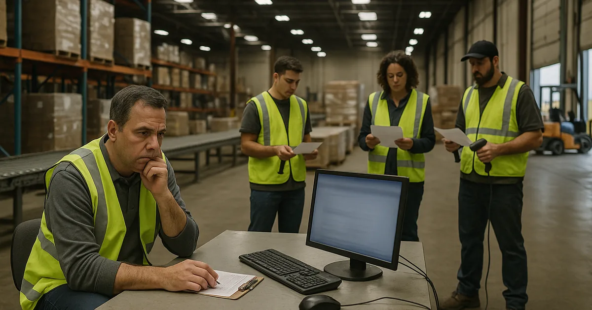 A Sparks-area shipping floor where small daily IT failures have accumulated into a visible stoppage of normal workflows.