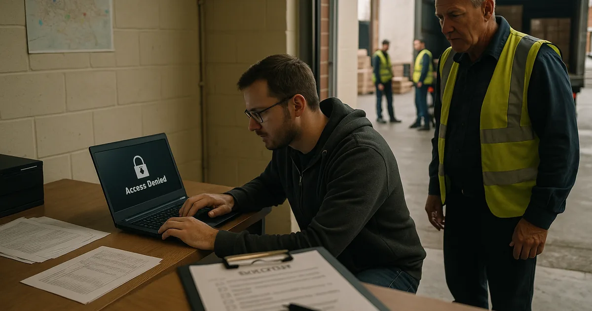 A hands-on technician works with supervisors at the warehouse to restore access while printed manifests and checklists document the incident.