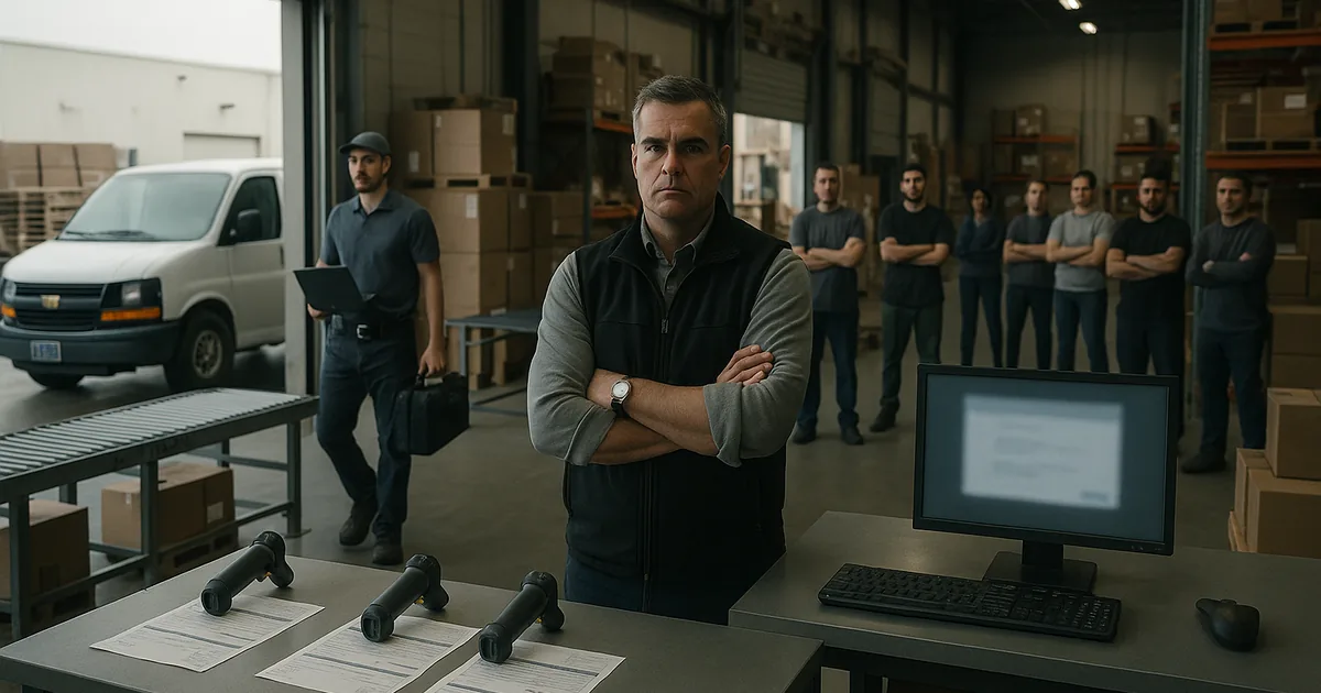 A technician arrives as warehouse staff wait idle, illustrating how a single legacy server can halt dispatch and throughput.