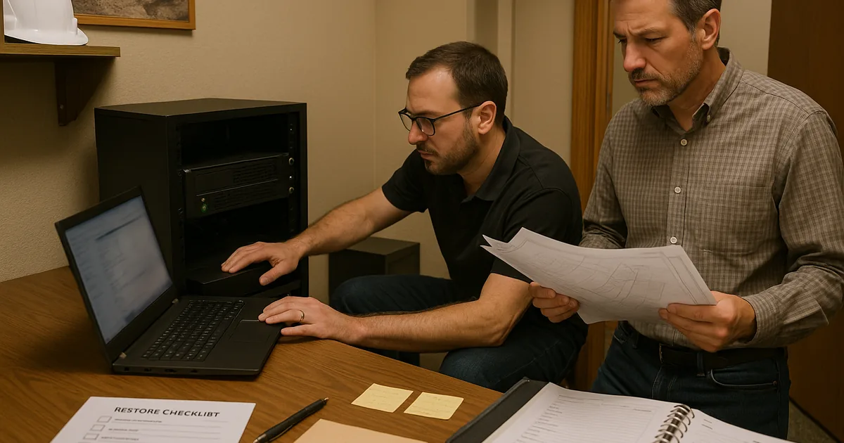 A technician validates restores on-site while project staff check blueprints to confirm priority files and dependencies.