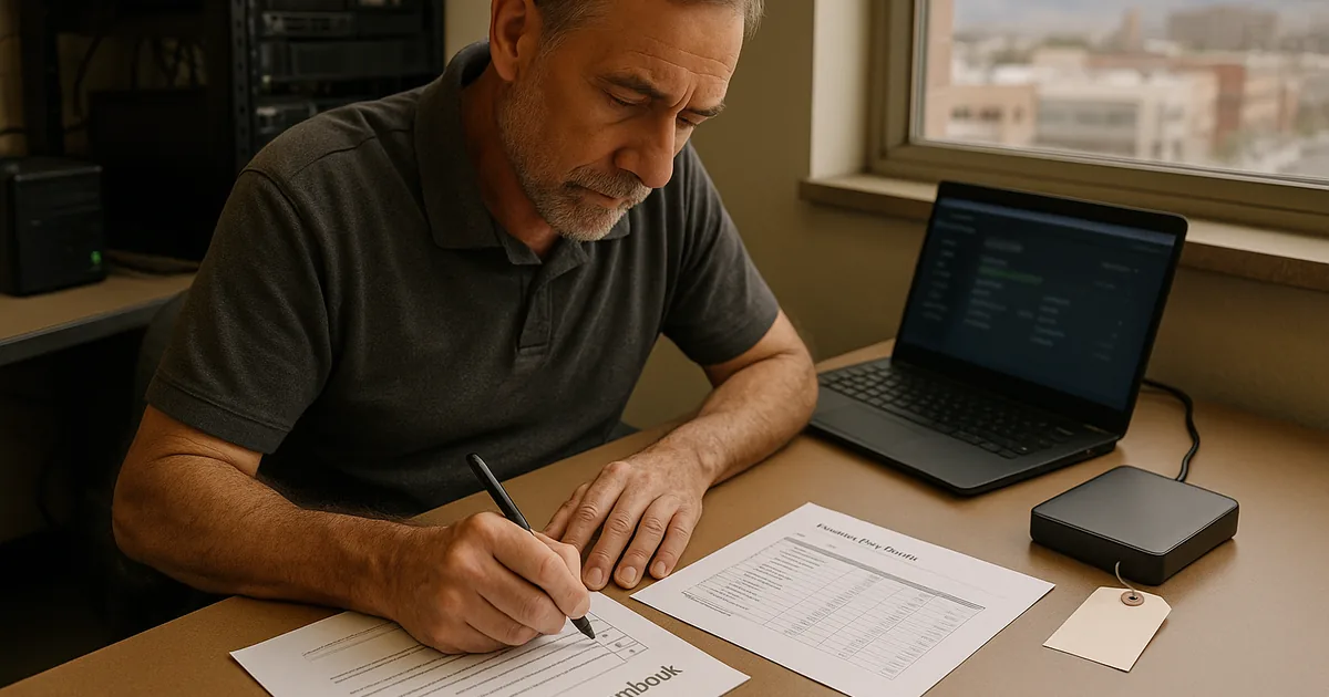 Technician at a desk marking a printed recovery runbook and restore-test report with a laptop and unplugged external drive nearby in a daytime office.