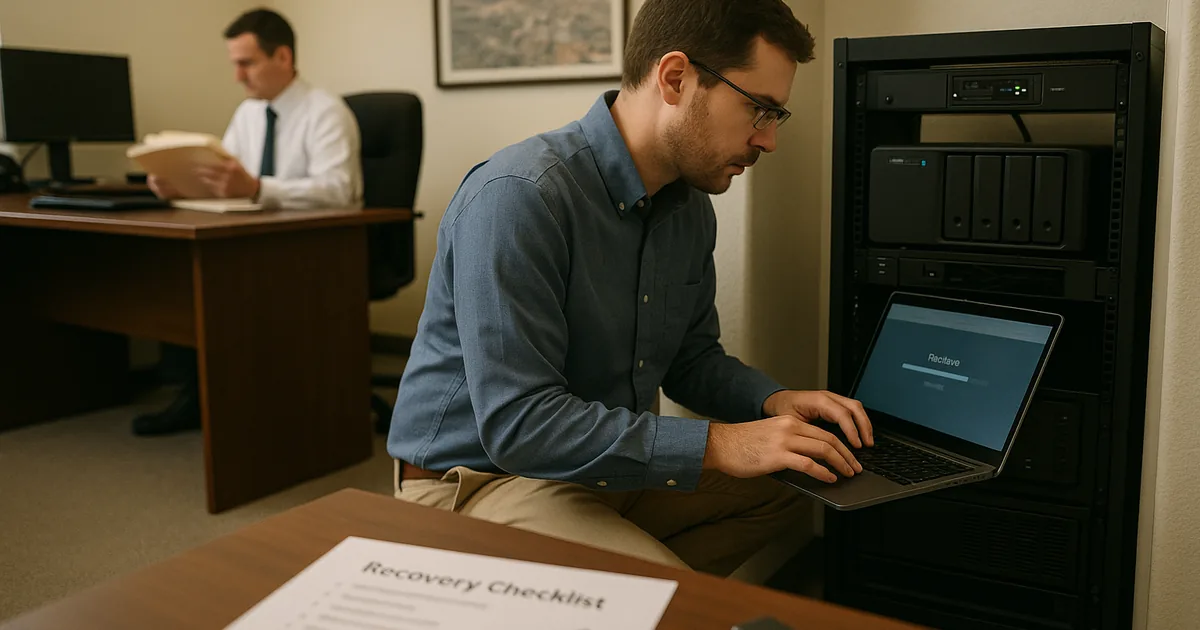 A technician performing a hands-on restore test in a law office shows the practical verification that backup success messages alone do not provide.