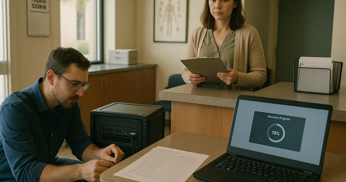 A consultant running a scheduled restore validation at the front desk shows how testing prevents surprise lockouts during patient intake.