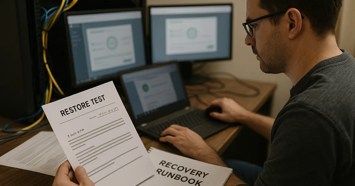 IT technician conducting a restore test at a workstation with a printed restore-test report and recovery runbook beside blurred backup monitors.