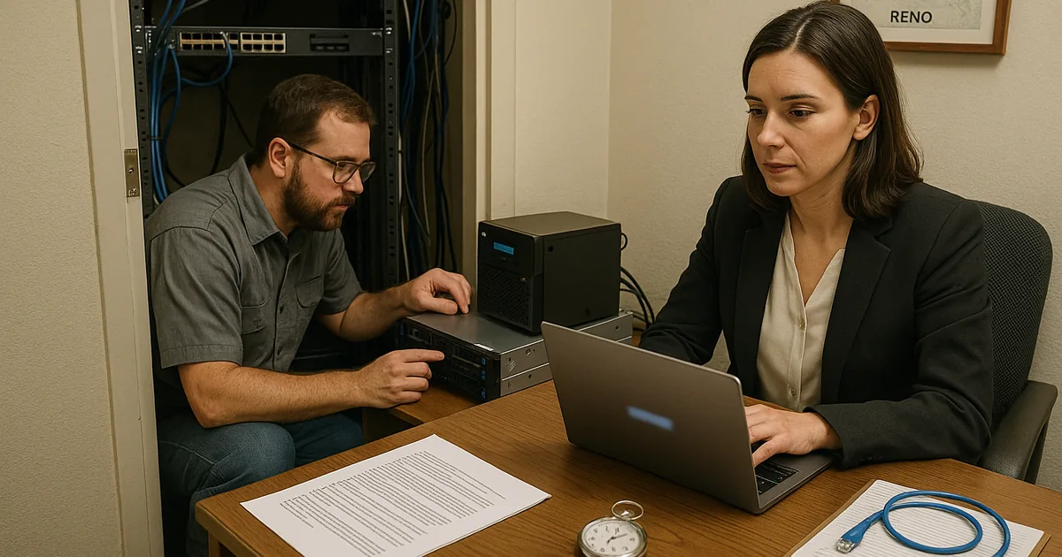 A technician and office operations manager run a controlled restore validation so recovery steps and timing are proven before an outage.