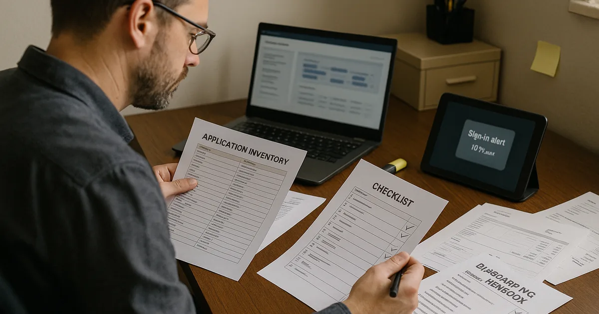 IT professional at a desk reviewing a printed SaaS application inventory and offboarding checklist while a laptop and tablet show blurred access-review and sign-in alert screens.