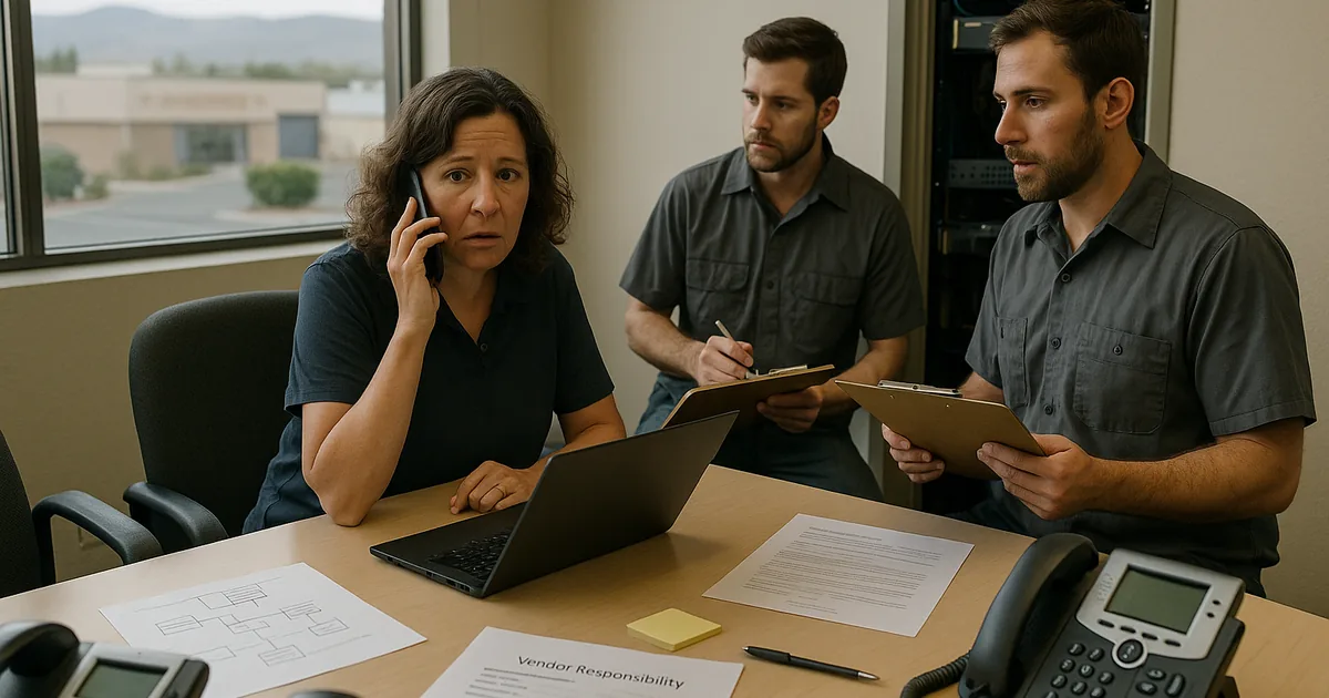On-site coordination between the office manager and technicians shows how unclear vendor ownership slows response during a network crash.