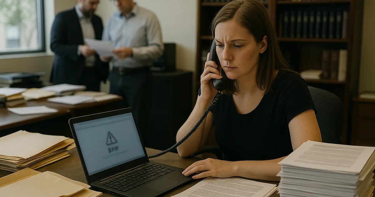 An office administrator faces unavailable case files while staff try to continue work, illustrating how missing controls turn outages into lost billable time.