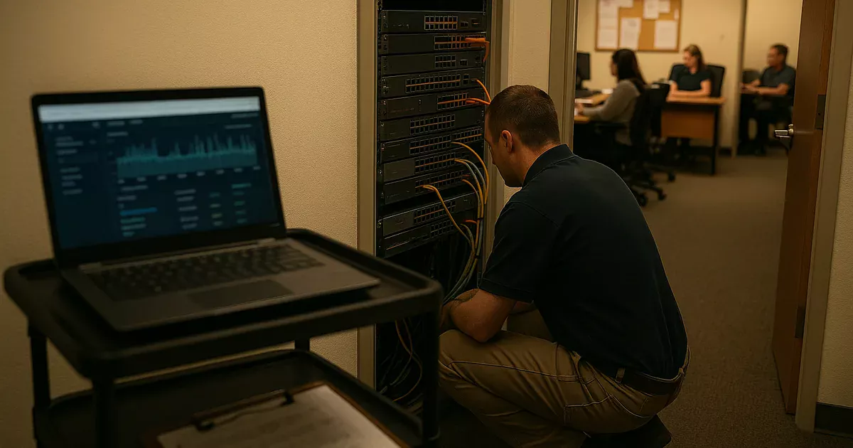 A technician inspects switches and monitoring screens to diagnose the growth-driven network failure in a Reno-area financial office.