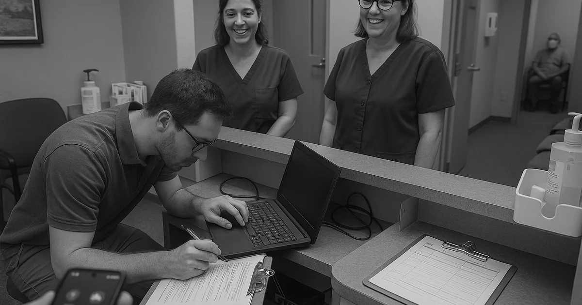 A technician triages a front-desk workstation and follows a runbook during a lockout remediation to restore scheduling and chart access.