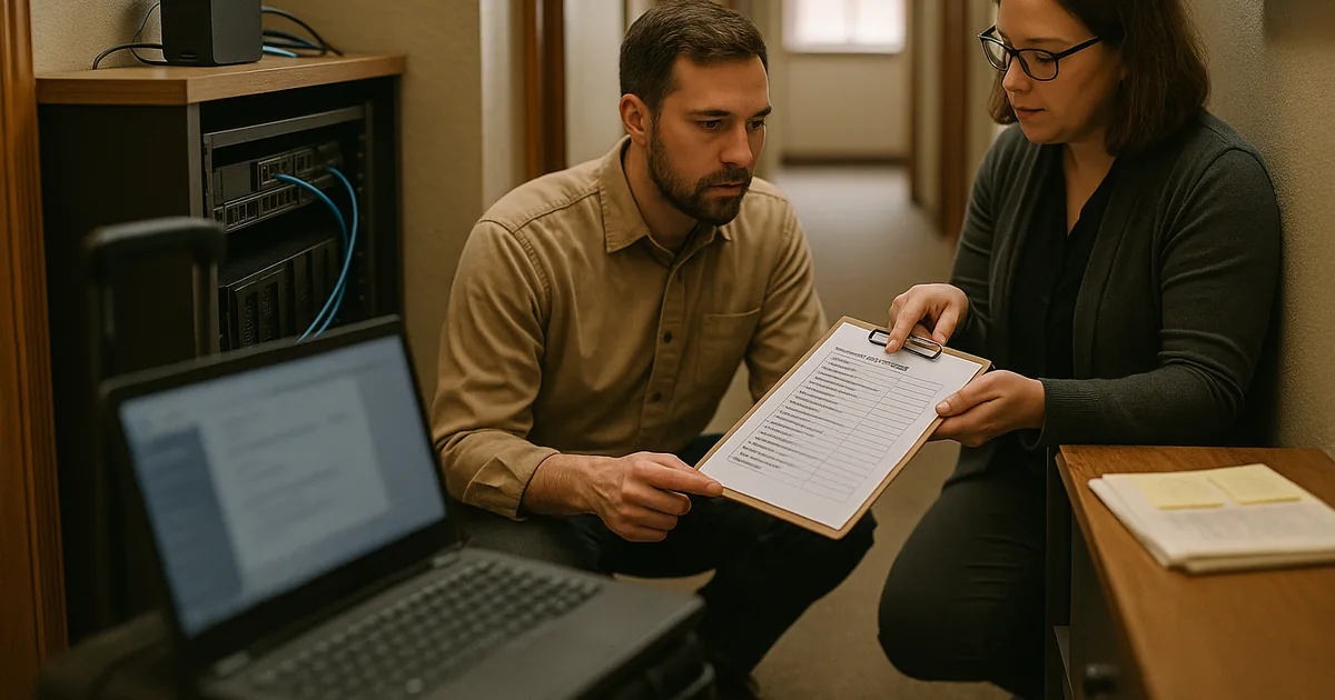 On-site troubleshooting showing a technician and office admin reviewing incident checklists and backup hardware to diagnose service interruptions.