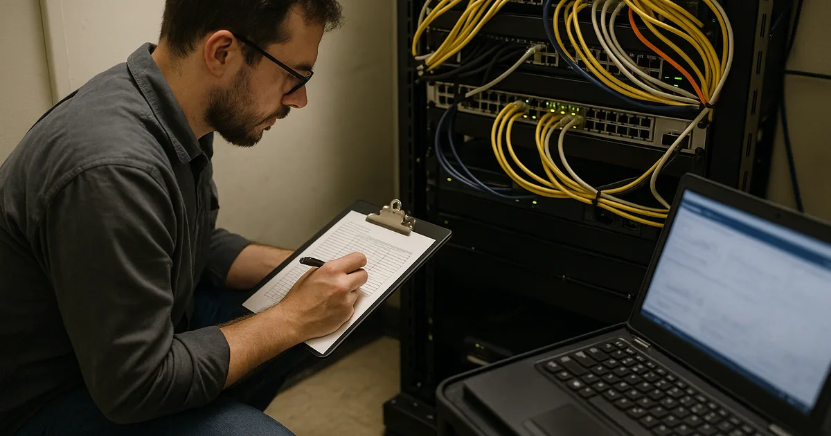 IT technician reviewing a runbook while inspecting a rack-mounted switch and a laptop showing blurred monitoring graphs.