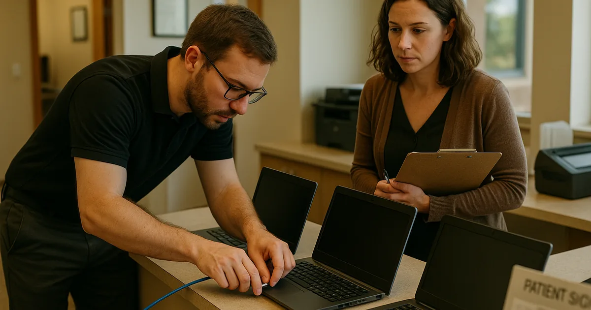 An on-site technician enrolls new devices and follows a checklist to restore predictable access during clinic hours.