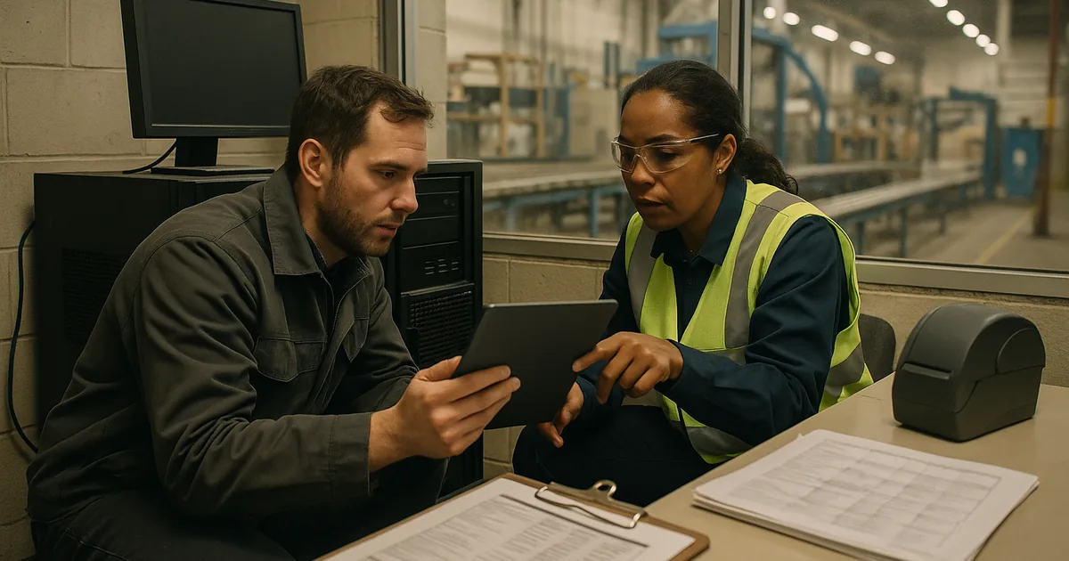 A technician and operations coordinator review recovery steps on site to validate that backups can restore production workflows before an outage occurs.