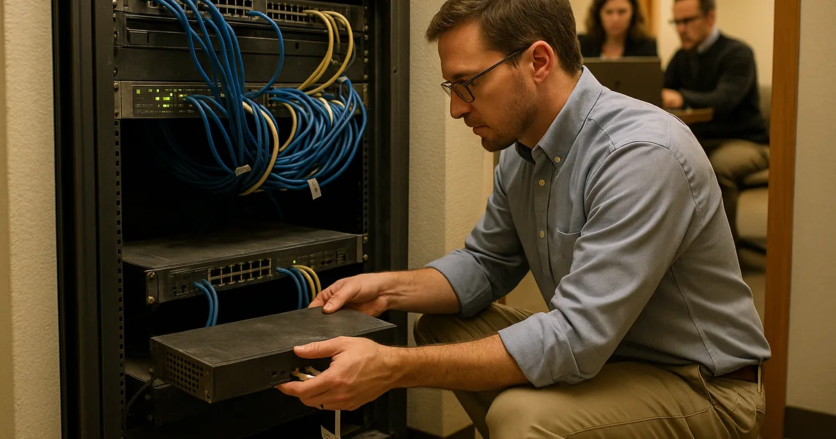 A hands-on firewall and switch replacement in a South Meadows office illustrating the practical, local response needed to recover from legacy infrastructure failures.