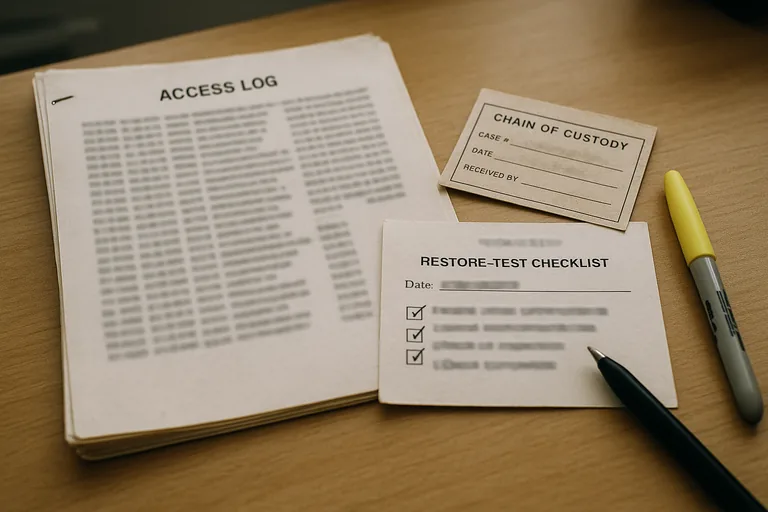 Close-up of redacted printed access logs, a restore-test checklist, and a chain-of-custody note on a desk, representing documentary evidence for HIPAA controls.