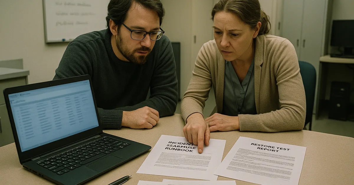 IT professional and office manager reviewing printed incident reports and a laptop with blurred logs in a medical office, showing an operational HIPAA investigation scene.