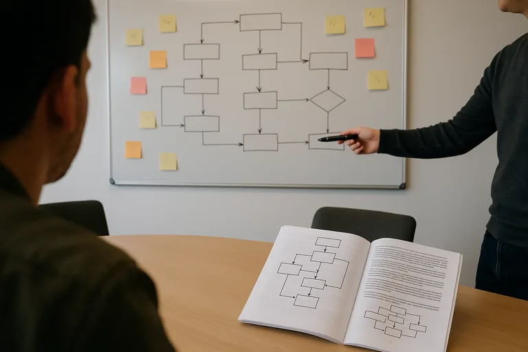 Whiteboard flowchart, sticky notes, and a printed runbook being reviewed by staff, illustrating offboarding and incident-response sequencing for HIPAA compliance.