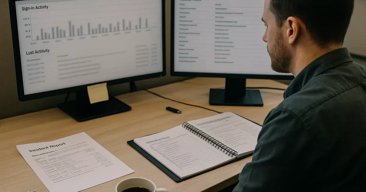 Security analyst at a workstation reviewing blurred sign-in logs and printed incident reports with a runbook checklist on the desk.