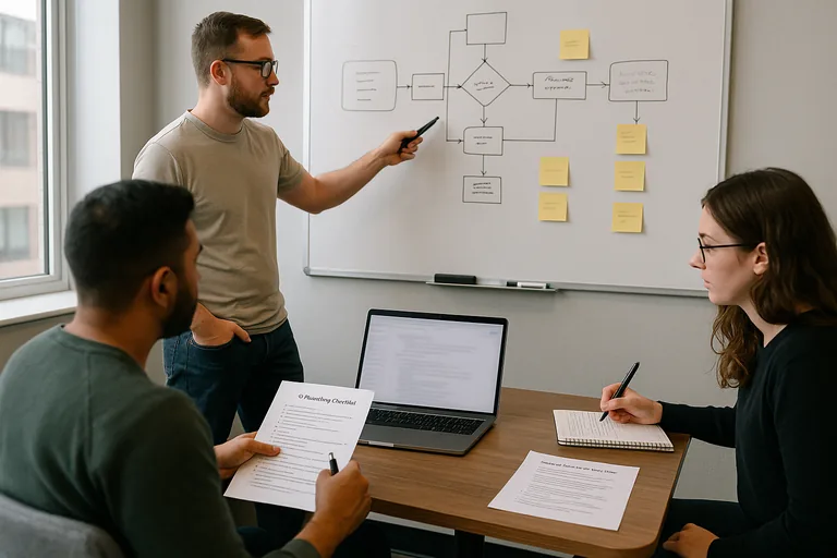Team reviewing a whiteboard flowchart and runbook checklist that map account lifecycle and incident testing steps.
