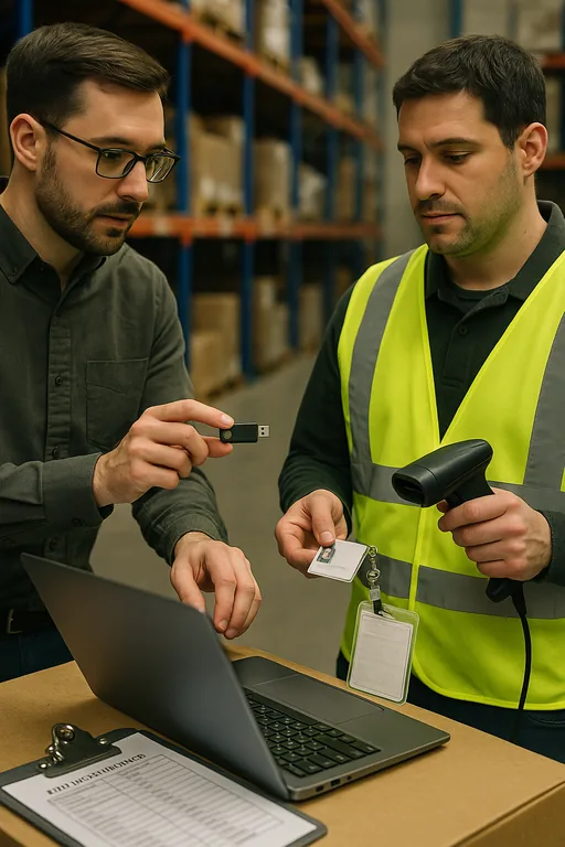 IT consultant showing a warehouse operator how to use a hardware token and named account procedure beside a handheld scanner and clipboard.