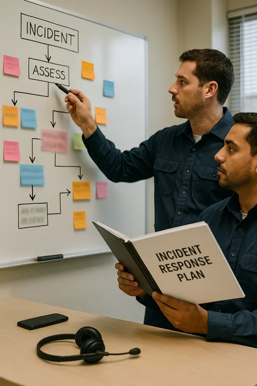 Technicians pointing to a whiteboard with an escalation flowchart and sticky notes during an incident response planning session.