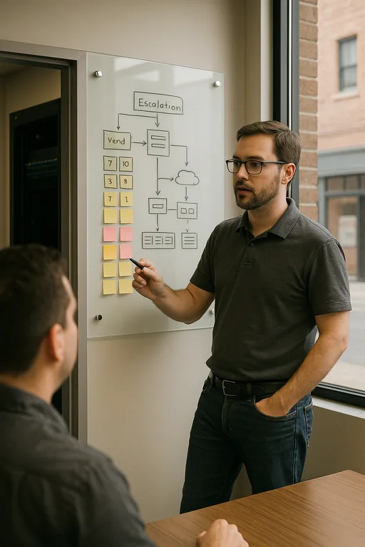 IT lead pointing at a glass whiteboard with a blurred incident escalation flow and sticky notes while team reviews vendor responsibilities.
