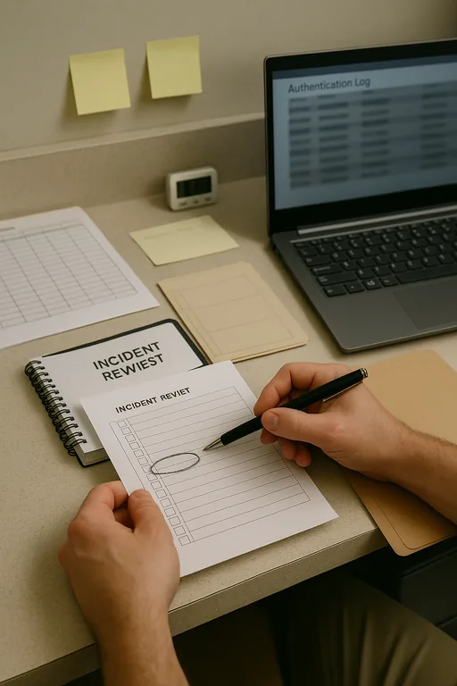 Technician reviewing a printed incident checklist and blurred authentication log while documenting steps at a dental front desk.