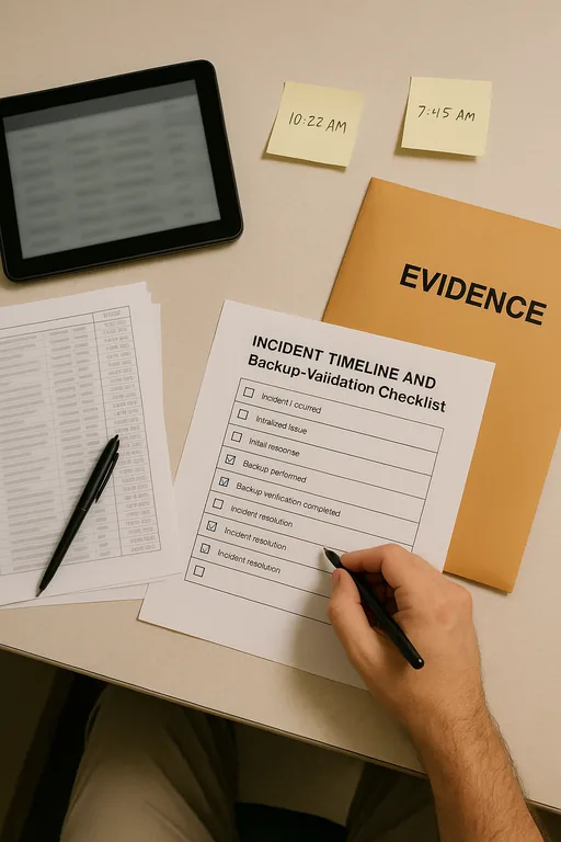Hands marking an incident timeline and backup-validation checklist on a clinic desk with blurred digital logs nearby.